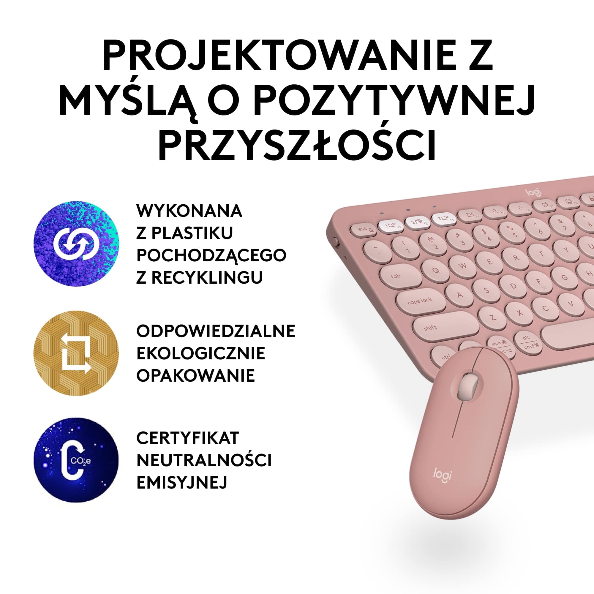 Logitech Pebble 2 Combo, Bezprzewodowa klawiatura i mysz, cicha i przenośna, personalizowana, Logi Bolt, Bluetooth, Easy-Switch dla Windows, macOS, iPadOS, Chrome,QWERTY układ US international, Różowy