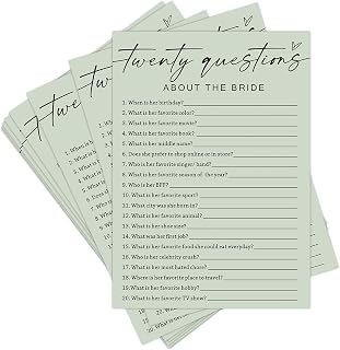 Bridal Shower Games, Twenty Questions About The Bride, 25Pcs Minimalist Sage Green Bridal Game Cards, Wedding Shower Games for Guests, Engagement Bachelorette Party Supplies