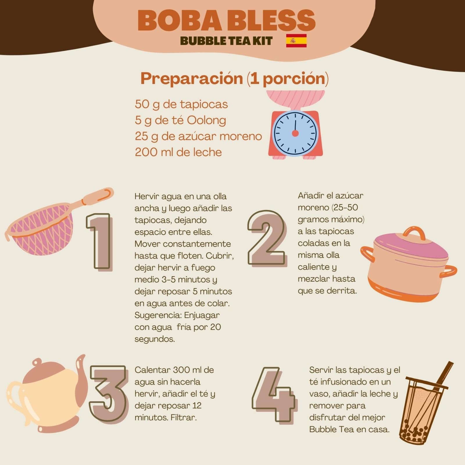 CUTEA™ Kit de té de burbujas - Sabor azúcar moreno - regalo San Valentín - Regalo para hombre y mujer (4 porciones, pajitas incluidas) - Sin gluten