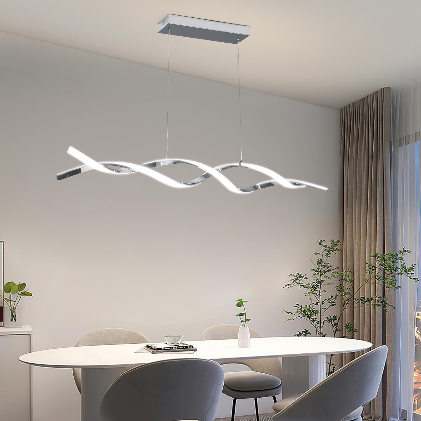 Mikeru Modern Wave Pendant Light, 120cm Dining Table Lights 3000K/4500K/6500K Dimmable 10% to 100% Height Adjustable Island Lighting 1cm to 150cm Chrome LED Chandelier for Living Room โ image 1