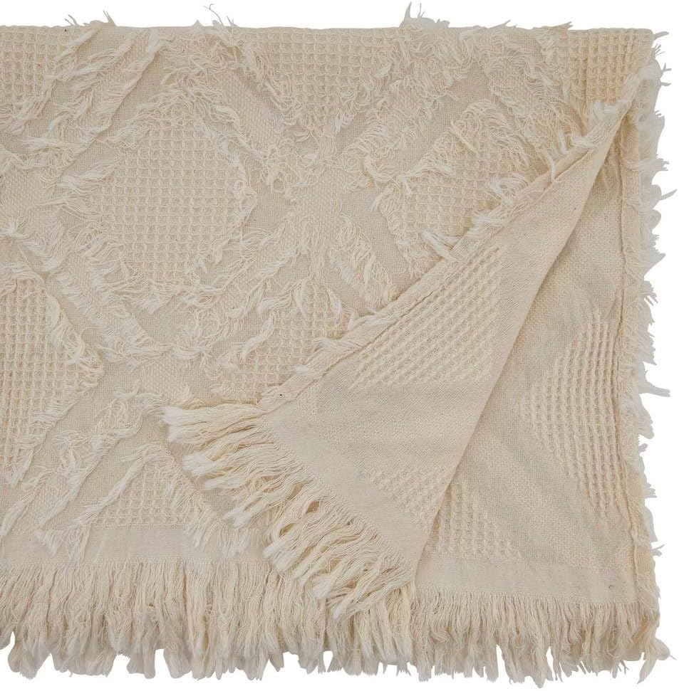 Fennco Styles Waffle Weave Modern Cotton Ivory Table Runner with Fringe – 16”W x 54”L Table Cover for Home Décor, Dining Table, Banquets, Holidays and Special Occasions