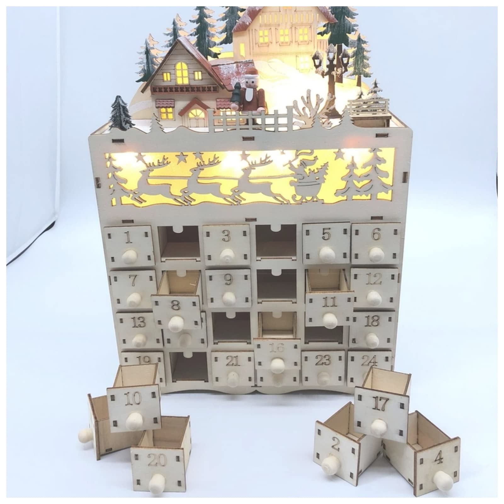 KAYLRE Kalender Weihnachten Holz Adventskalender Countdown Dekoration 24 Schubladen mit LED Hell DIY Kalender