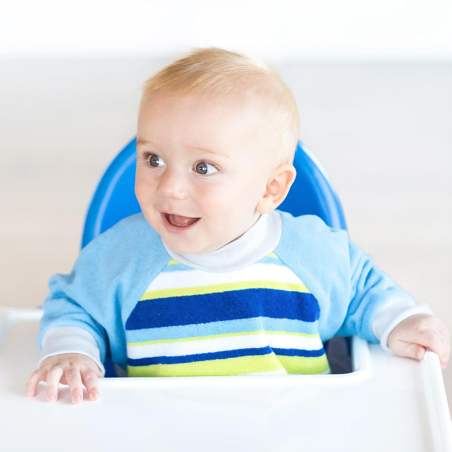 Kiddologic Bibit-all Baby Feeding Bib, Long Sleeves with Ribbed Cuffs and High Collar, Stretchy Pullover Smock, Soft Absorbent Terry, Waterproof Lining, Infant Boy 6-12 Months, Sky Blue Stripe image 3