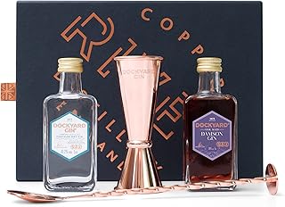 Artisan Gin Gift Set by Copper Rivet Distillery - Small Batch Gin 2 x5cl Dockyard Gin, Damson Gin, Jigger and Stirrer - Flavoured Gin Handcrafted from Local Grain - Premium Kent Gin Cocktail Gift Set