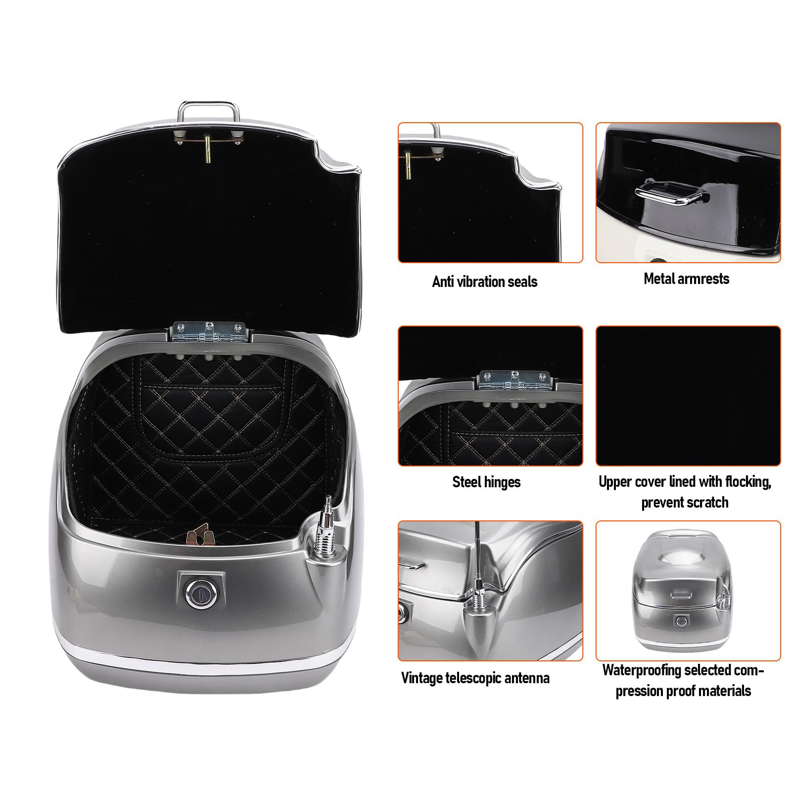 Boîtier Arrière de Moto Design élégant Boîte de Rangement étanche 38L pour Motos Vélos Scooters (Lune Argent)