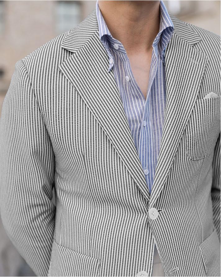 Mens Seersucker Jacket Coat Striped Groom Tuxedo Party Prom Business Leisure Workwear Wear Beach Casual Blazer2