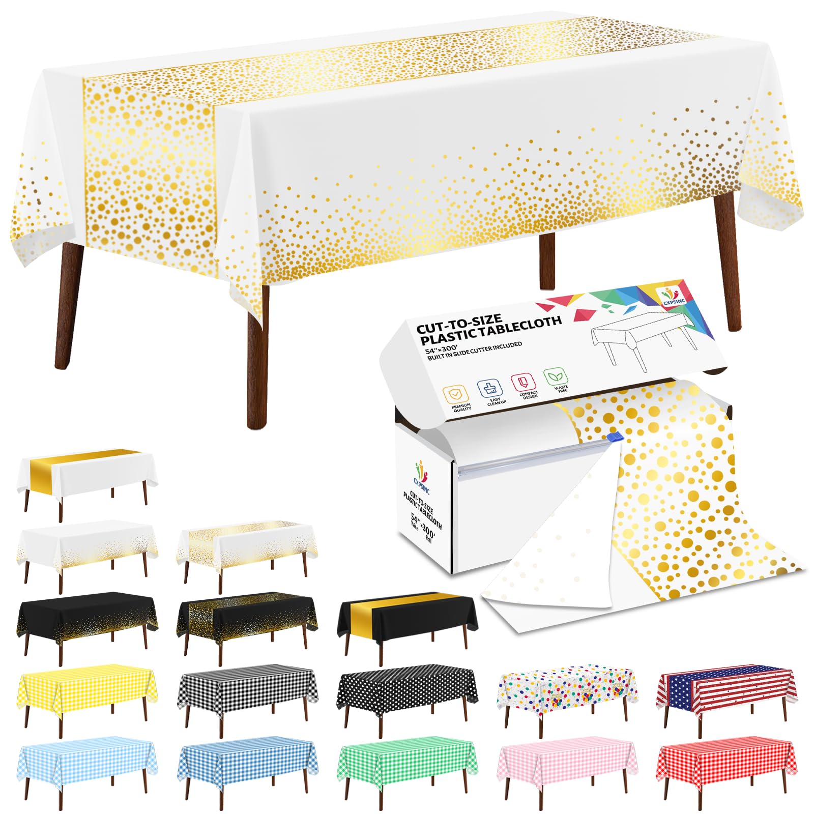 CXPSINC 54 Inch X 300 Feet Plastic Table Cover Roll Disposable Tablecloth with Slide Cutter for All Type/Shape Tables | Party, Banquet, Birthdays, Weddings(White Golden Dot, 300 Feet) — image 1
