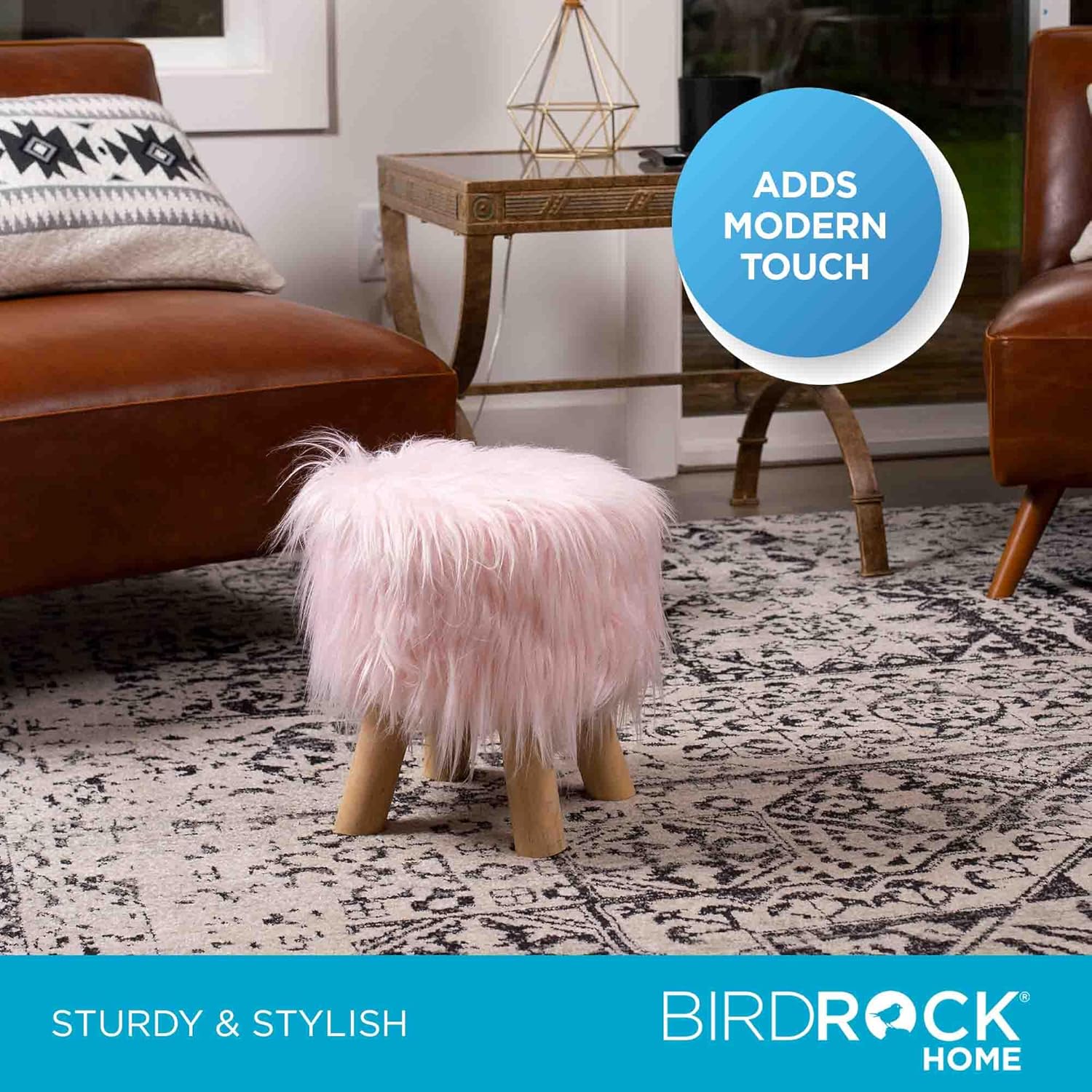 BIRDROCK HOME Faux Fur Foot Stool Ottoman – Upholstered Vanity Chair w/Natural Wood Legs - Soft Compact Padded Seat for Makeup Room, Living Room, Bedroom – Decorative Accent Furniture – Pink