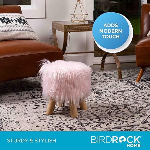 Miniatura 5 de BIRDROCK HOME Taburete otomano de piel sintética, silla de tocador tapizada con patas de madera natural, asiento acolchado suave y compacto para