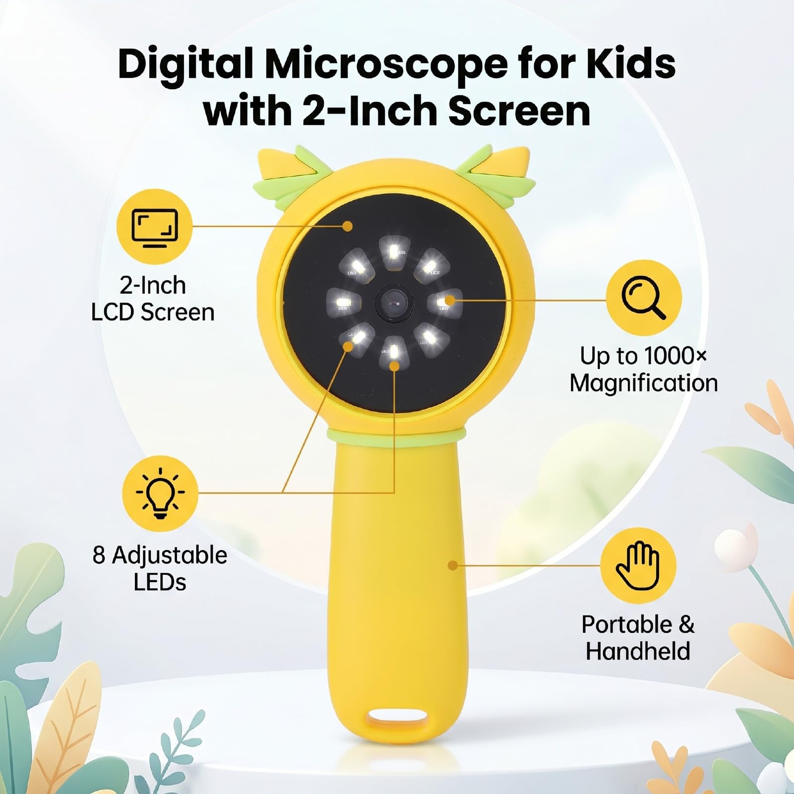 Fabater Digitales Mikroskop, 1000-faches Tragbares Taschenmikroskop mit 2,0-Zoll-Bildschirm, Lupe mit Licht, Handmikroskope für Kinder, Geburtstagsgeschenke für Mädchen und Jungen (Yellow)