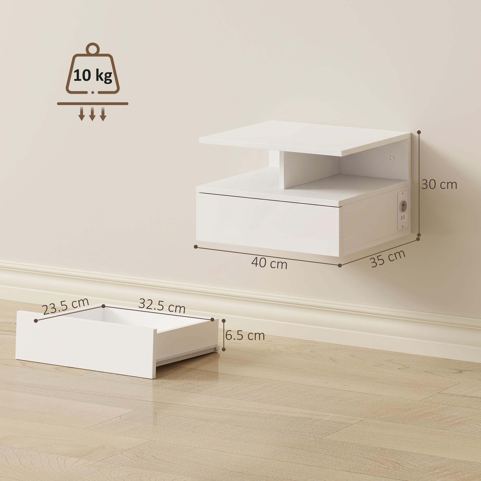 HOMCOM Set di 2 Comodini Camera da Letto Sospesi con Stazione di Ricarica, Coppia di Comodino Salvaspazio Moderno con Cassetto e Scomparto Aperto, Tavolini per Camera da Letto, 40x35x30 cm, Bianco