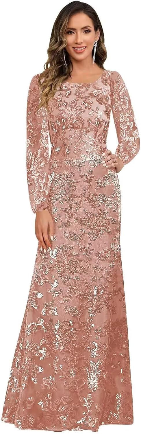 AKLASU Sequin Long Sleeve Mother of The Bride Dresses for Women A Line Scoop Neck Mother of Groom Dress Formal Evening Gown