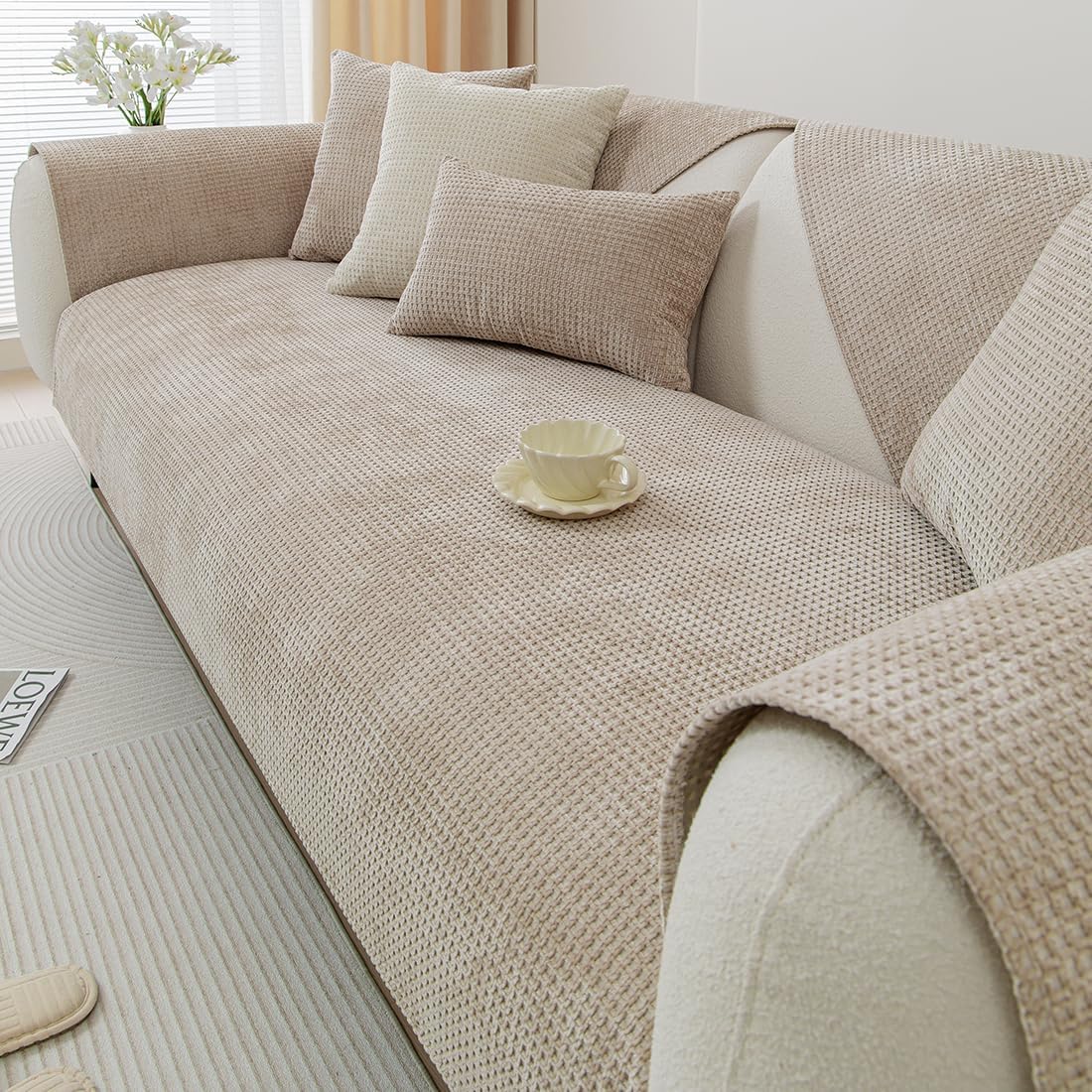 vctops Farmhouse Plaid Chenille Couch Sofa Cover Super Soft Plush Sectional Couch Covers Anti-Slip Solid Sofa Slipcover for Dogs, Children, Pets Furniture Protector (Khaki,28"x82")