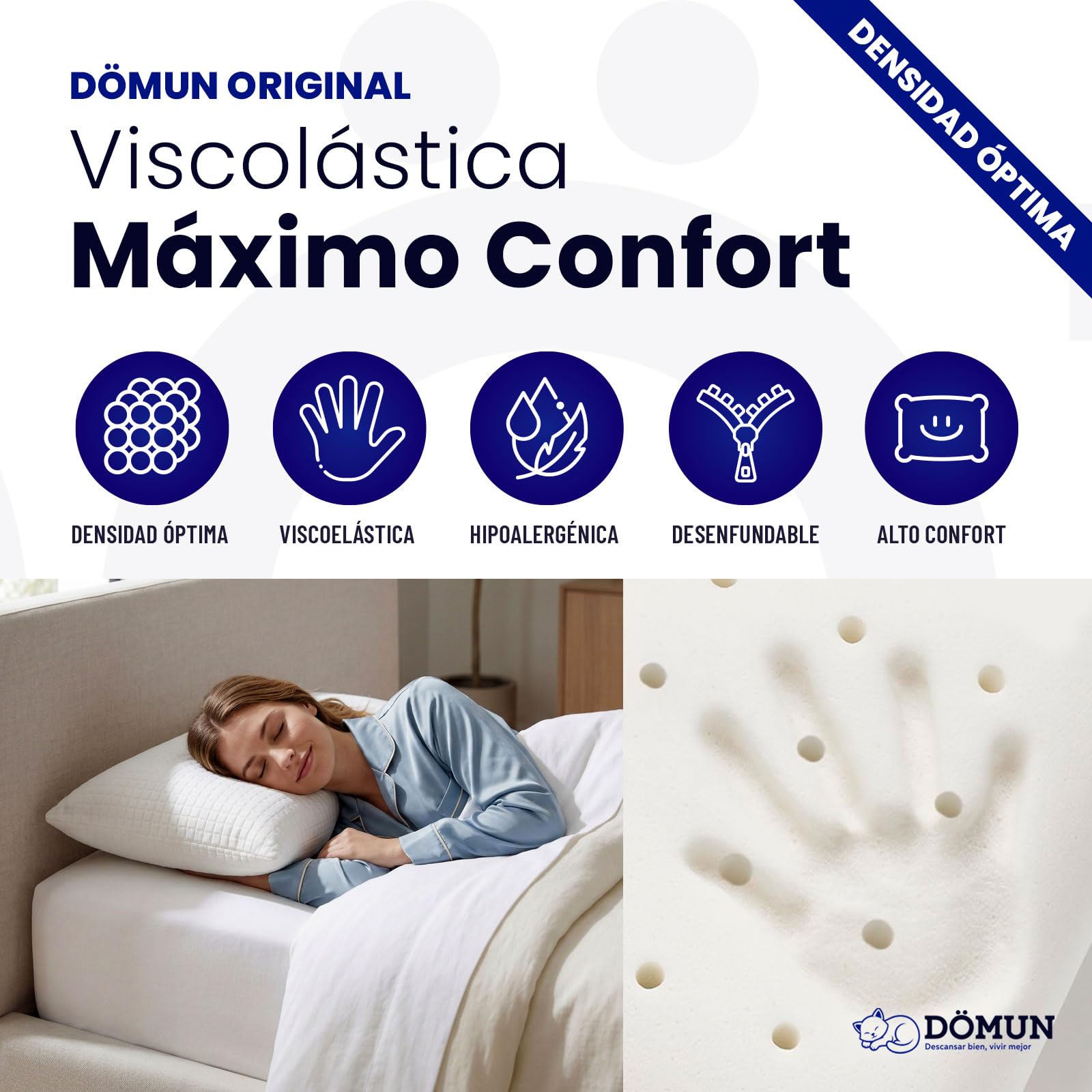 Almohada Viscoelastica 135 cm DÖMUN Original, Almohada Cervical Ergonómica Aloe Vera para Dormir, Memory Foam Transpirable, Almohada 135 cm Fabricada en España
