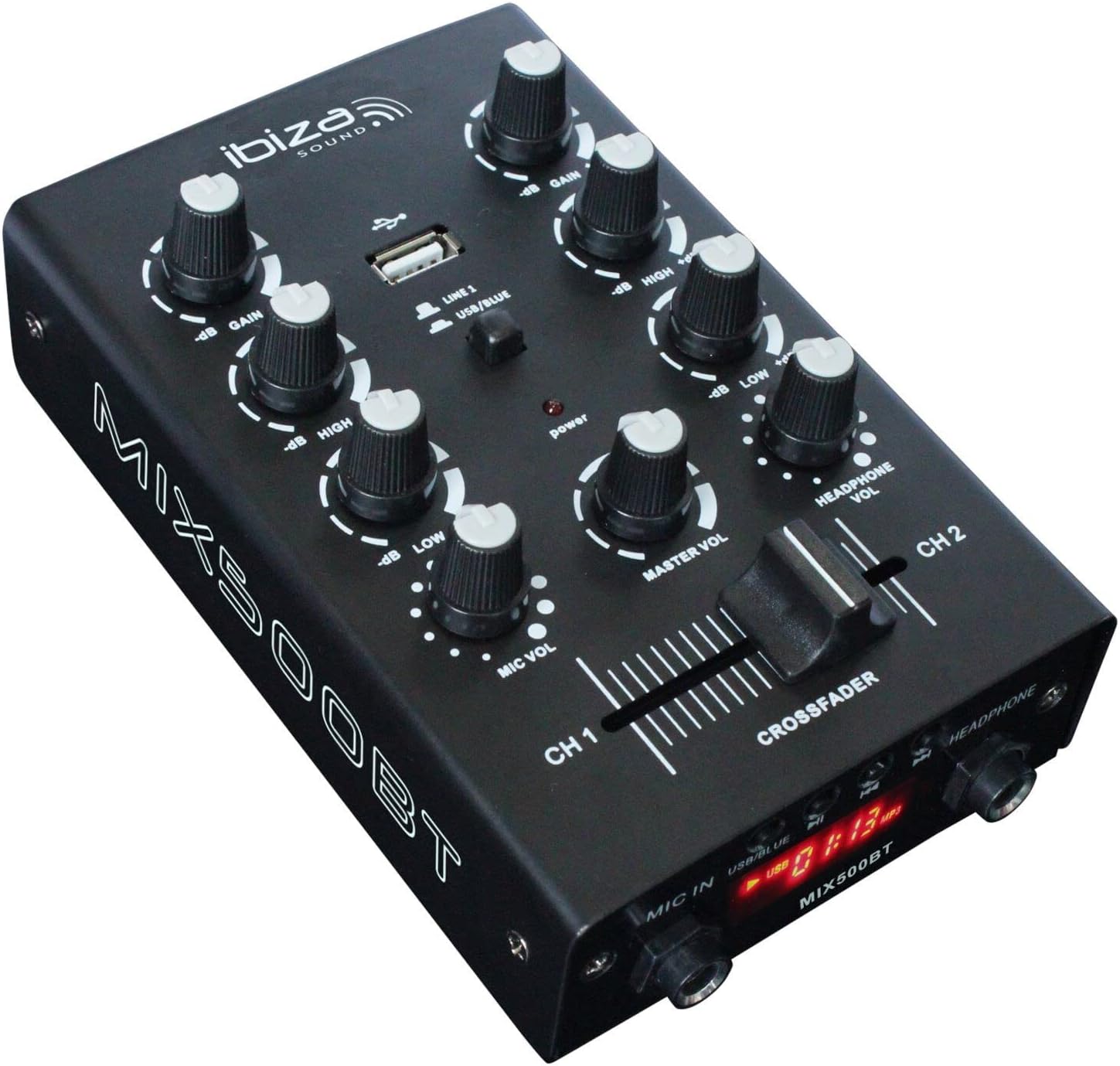 MIX500BT - Semi-professional 2-channel mixer with mic and line inputs and headphone, RCA and recording outputs - Bluetooth & USB - Black
