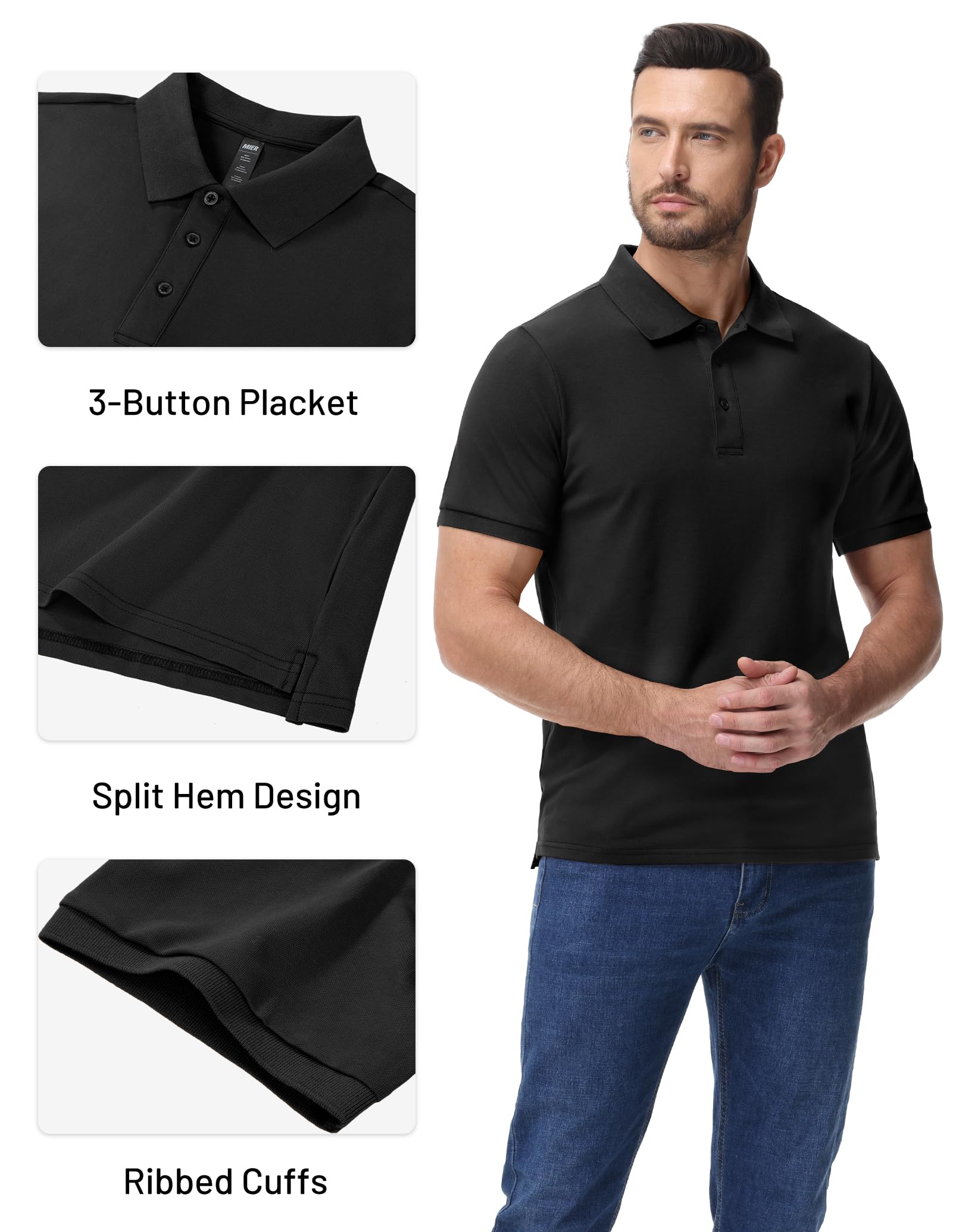 MIER Polo da uomo in cotone, a maniche corte, da golf, tennis, con colletto, per lavoro, viaggi, 3 bottoni, ultra morbida