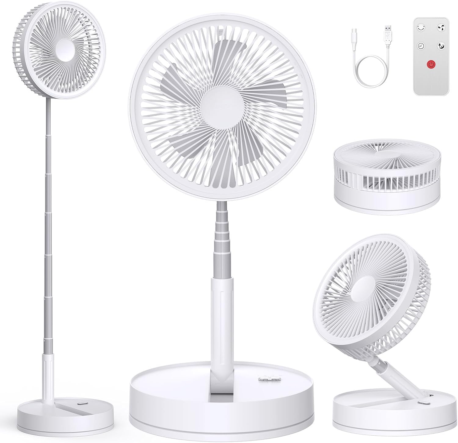 BEOSIOR Portable Pedestal Fan with Remote Control, 8000mAh Rechargeable Battery USB Powered Oscillating Standing Floor Fan, Height Adjustable Foldable Desk Table Fans for Home Office Camping (White)