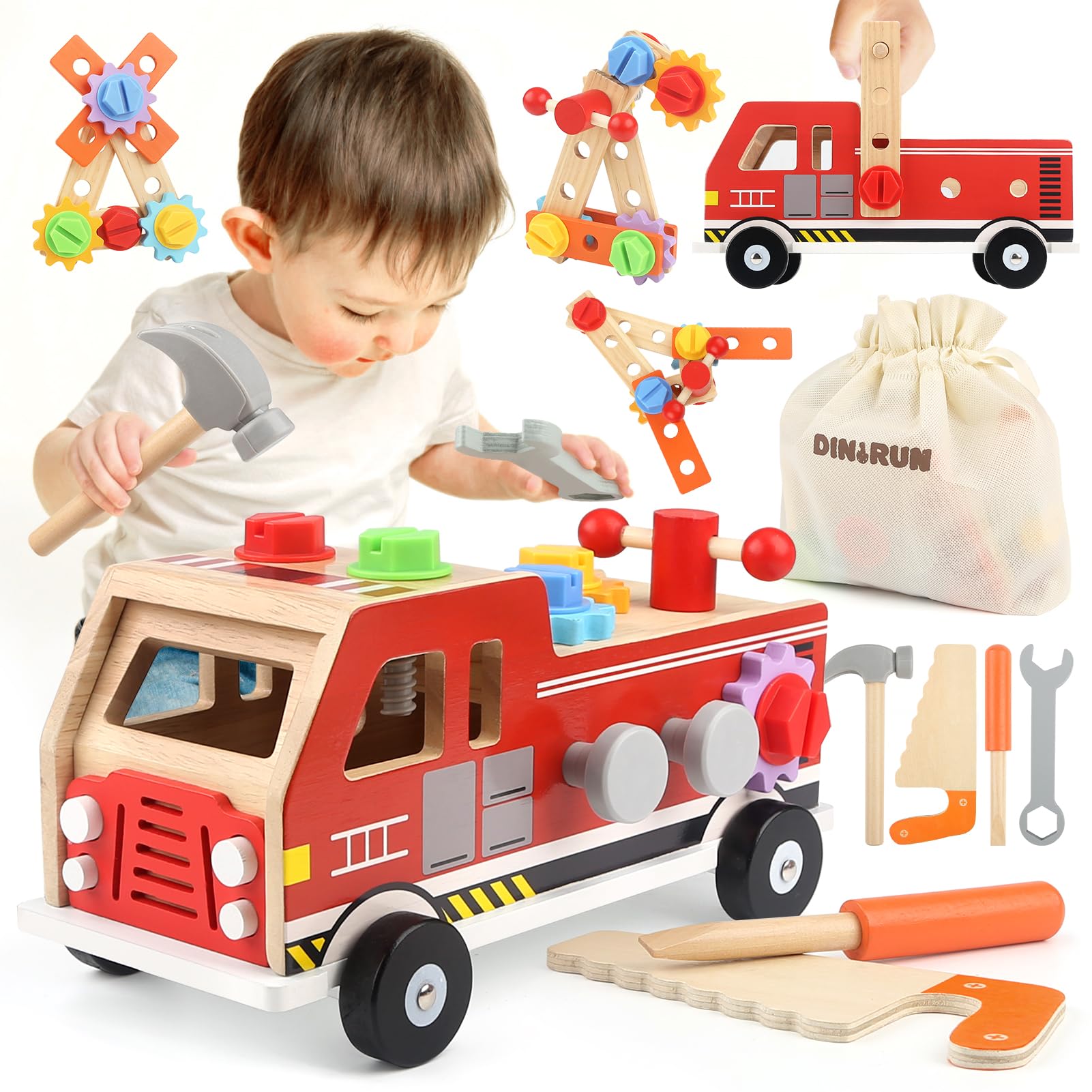 DINORUN Herramientas Juguete, Caja Herramientas Juguetes de Madera Cumpleaños Regalo Juego Educativo para Niños Niñas 2 3 4 5 Años (31Piezas)