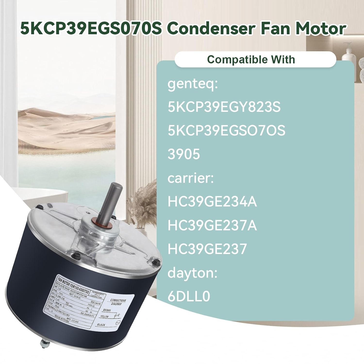 BRVCLON 5KCP39EGS070S Upgraded Condenser Fan Motor, 1/4 HP, 1100RPM, 208/230V, Compatible with 5KCP39EGY823S, 3905, HC39GE237, 6DLL0, with Reversible Rotating & CBB65 5μF Capacitor