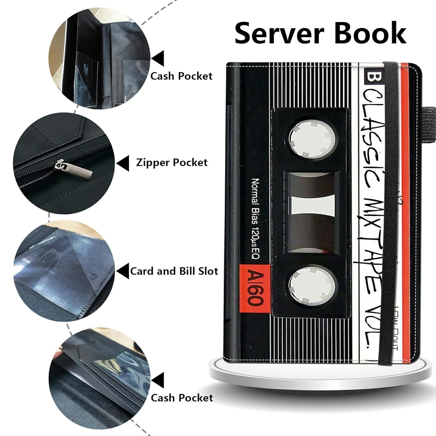 Rossy Server Books for Waitress & Waiter 9 x 5 Inch Wallet with Zipper Pocket Retro Audio Cassette Design Booklet Cute Waitress Book Serving Book with 11 Money Pocket Fit Server Aprons