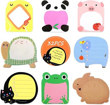 Qufiiry 32 Packs Cartoon Sticky Notes, 640 Sheets Animal Sticky Notes Set, Cute Kids Message Note, Party Bag Fillers for Kids, 20 Sheets per Pad for Students Home
