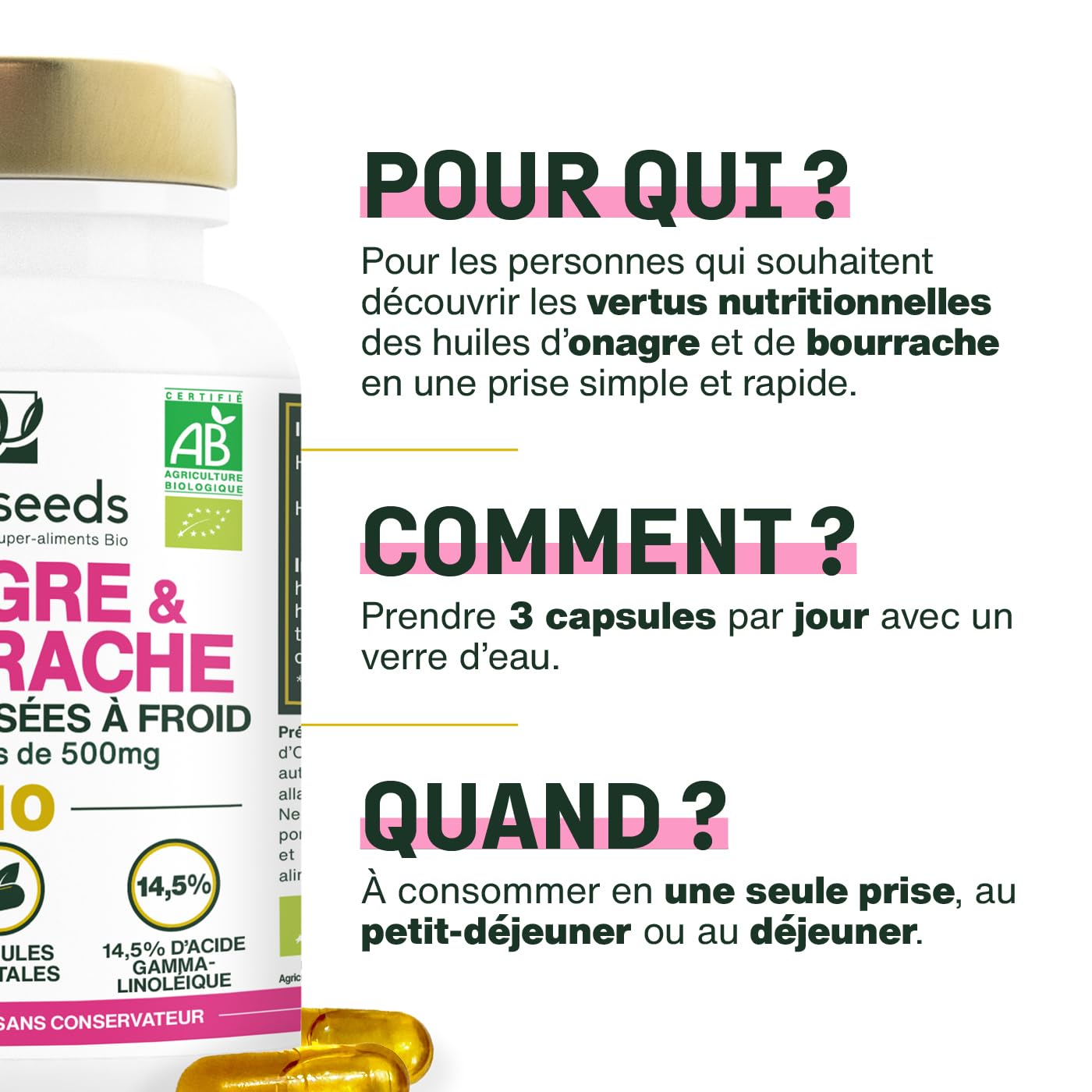 Huile d’Onagre et Bourrache BIO | Première pression à froid | 14,5% acide gamma-linoléique | 90 capsules végétales, vegan | Fabriqué en France | Qualité Supérieure