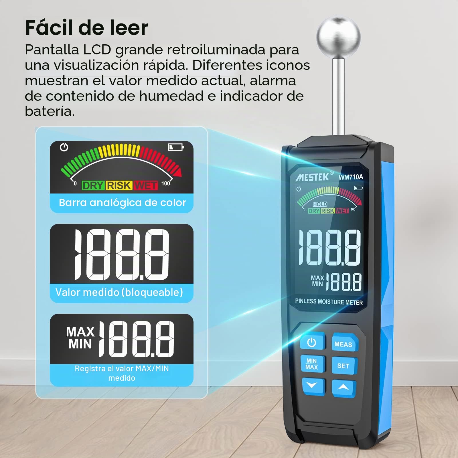 Medidor de Humedad MESTEK Humidímetros 20-40mm Detector de Humedad sin Pin Portátil Humedad Medición Digital Pantalla LCD Alarma para Madera, Paredes, Hormigón, Ladrillo y Materiales de Construcción
