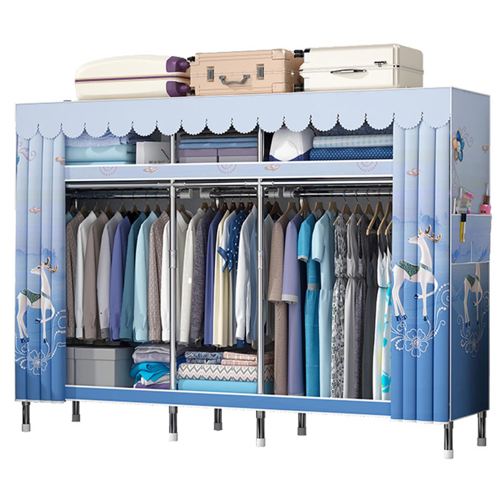 Armoire en tissu bleu avec penderie et étagères de rangement pour vêtements