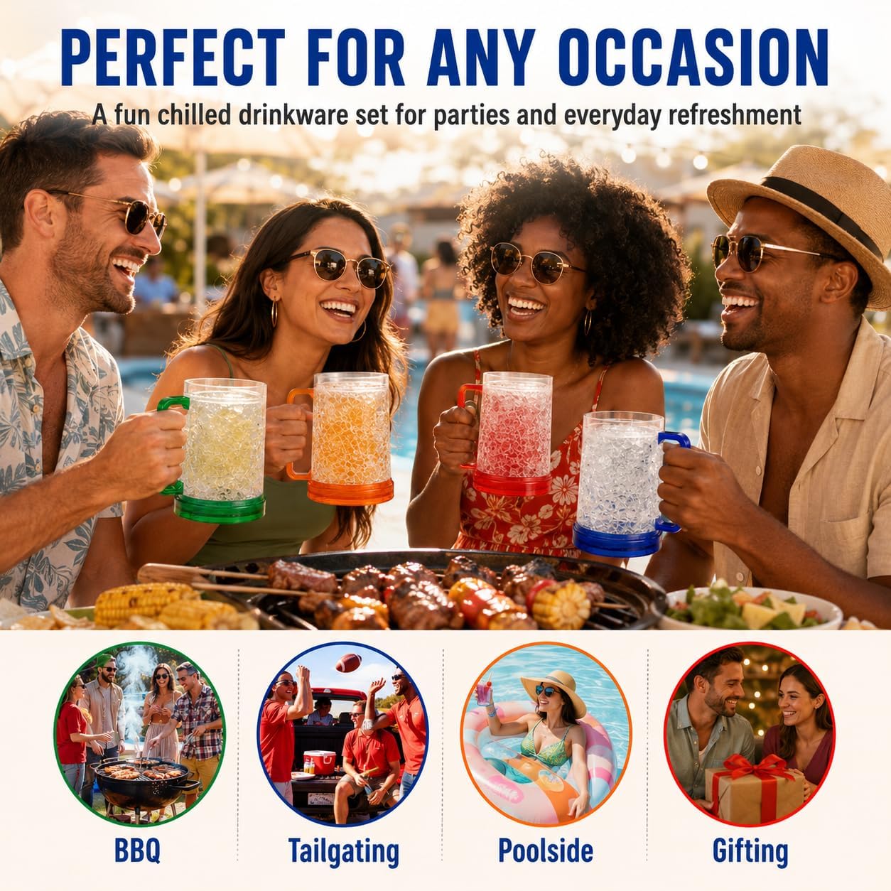 16oz Freezable Beer Mugs with Gel - Set of 4 Double Wall Insulated Frosty Steins - Shatterproof Acrylic Drinking Glasses with Color-Coded Handles for BBQ, Tailgating & Gifting