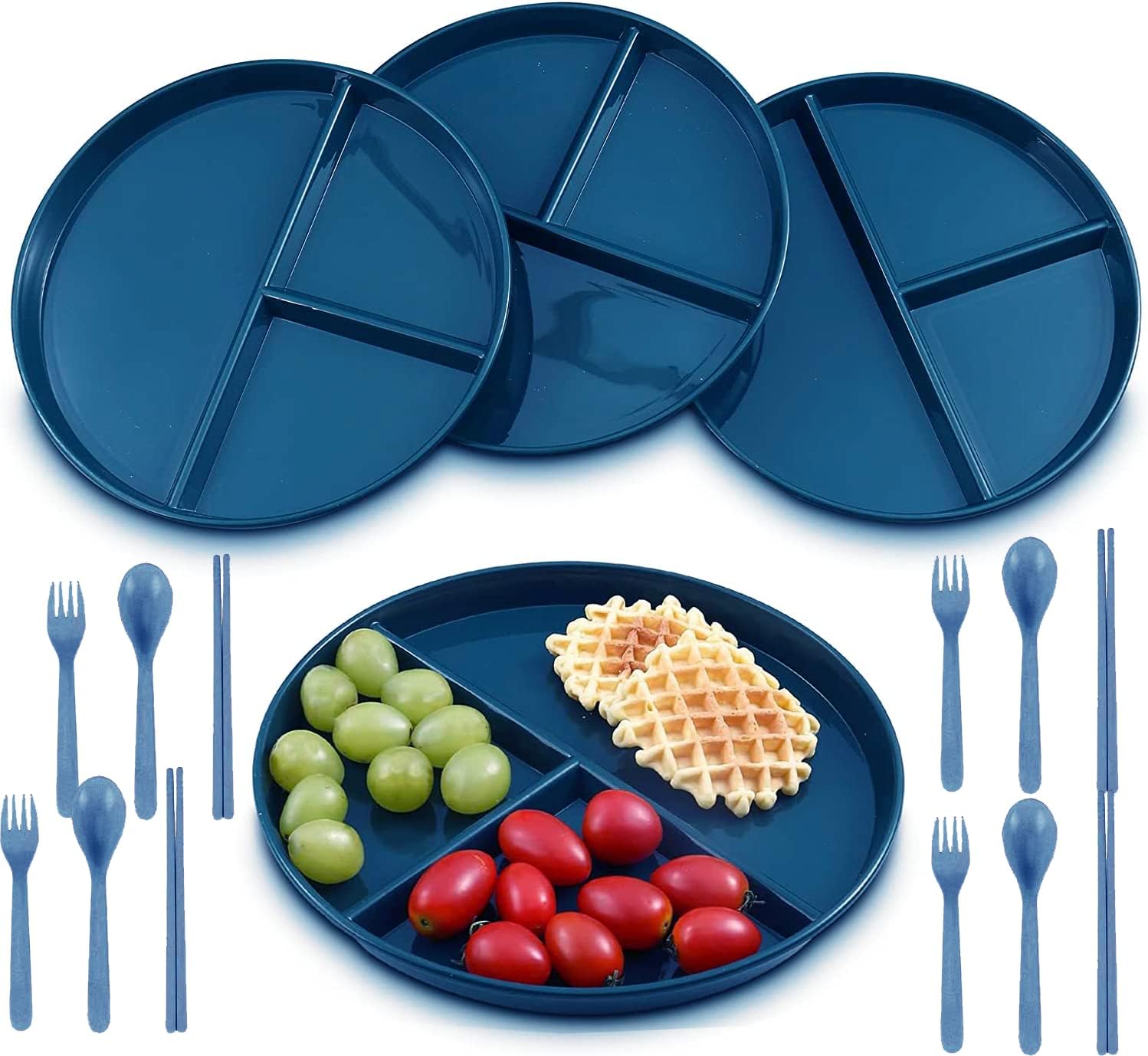 CHOUBAGUAI Divided Plates for Adults 4 Pack Portion Control Plates Divided Wheat Straw Plates 9 Inch Reusable 3 Section Dishes Set Microwave & Dishwasher Safe (Deep-blue)