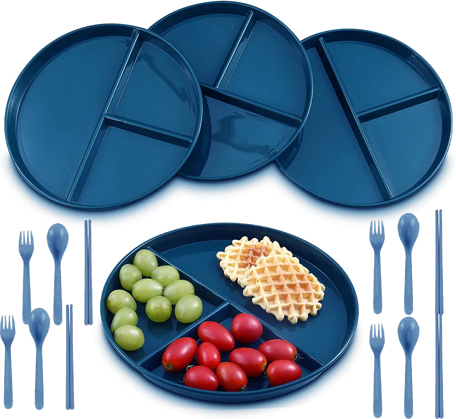 CHOUBAGUAI Divided Plates for Adults 4 Pack Portion Control Plates Divided Wheat Straw Plates 9 Inch Reusable 3 Section Dishes Set Microwave & Dishwasher Safe (Deep-blue)