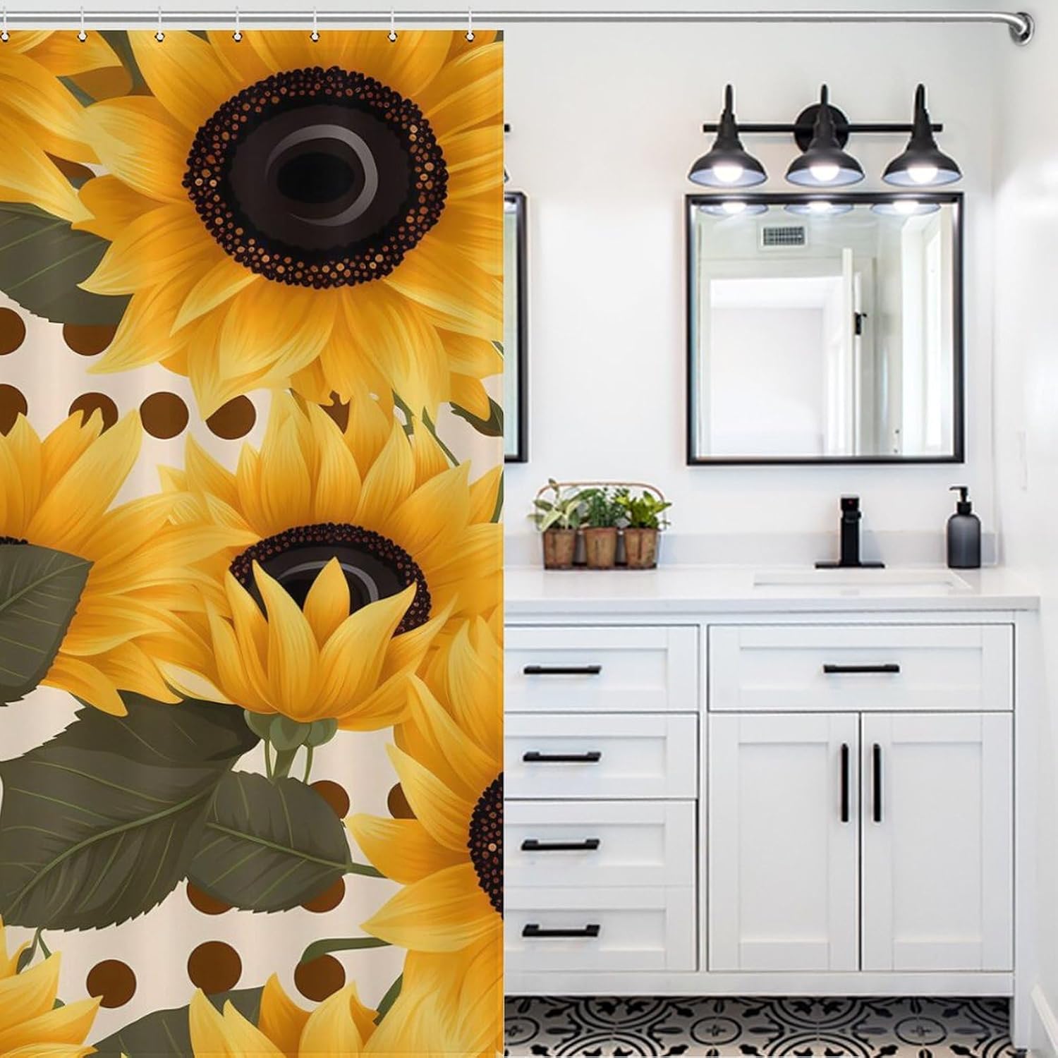 Sunflower Flowers Dots Funny Shower Curtains Washable Bath Curtain Liner with Hooks for Bathroom Bath Tubs