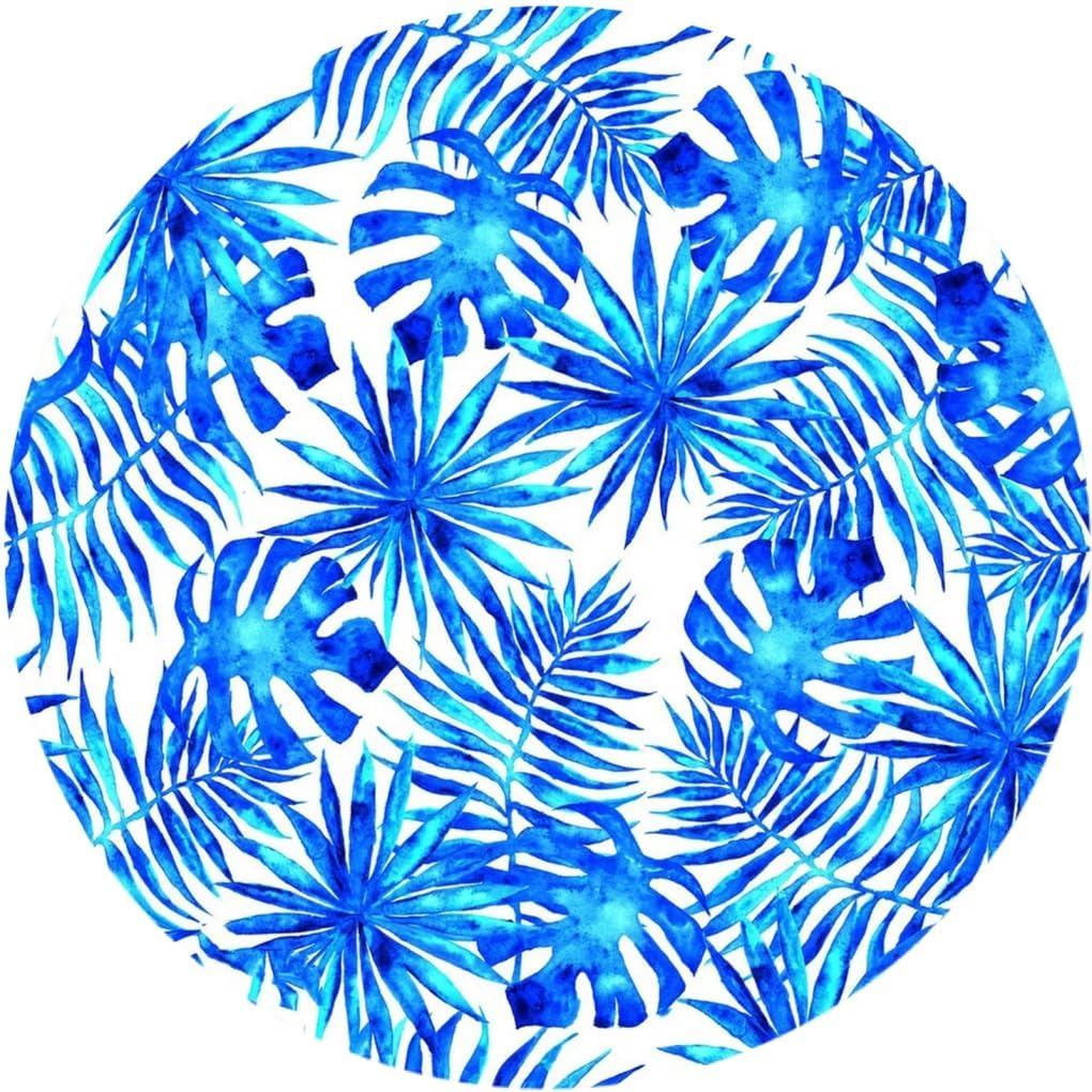 Blue White Palm Monstera Leaves Round Indoor Outdoor Area Rug 6ft Waterproof Washable No Slip Circle Outside Rug for Backyard Garden Patio Deck Balcony Porch Bedroom Floor Carpet Mat