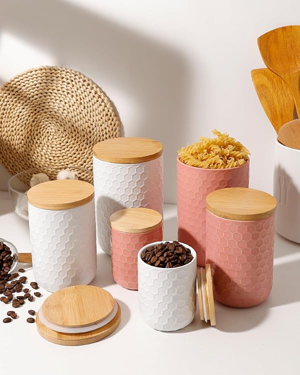 ZEBERBO Kitchen Canisters Set with Airtight Bamboo Lid, Pink Honeycomb Design, Ceramic Canister Set of 3, Sugar Flour Coffee Containers for Countertop, Food Storage Container Jars Set by ZEBERBO - Used condition - Image 7