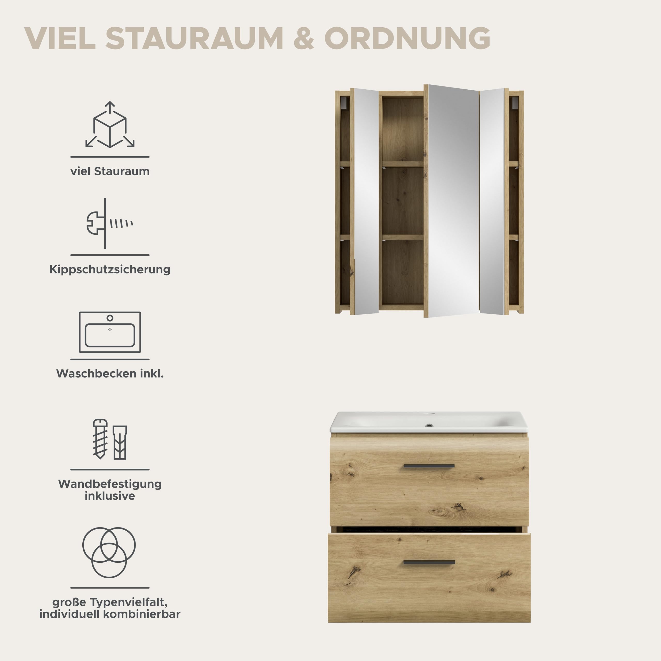 xonox.home – 2 TLG. Badezimmerkombination Ice 60x185x46 cm in Korpus und Front Artisan Oak Nachbildung – Hochwertige Badmöbel-Kombi – modern – Bild 9