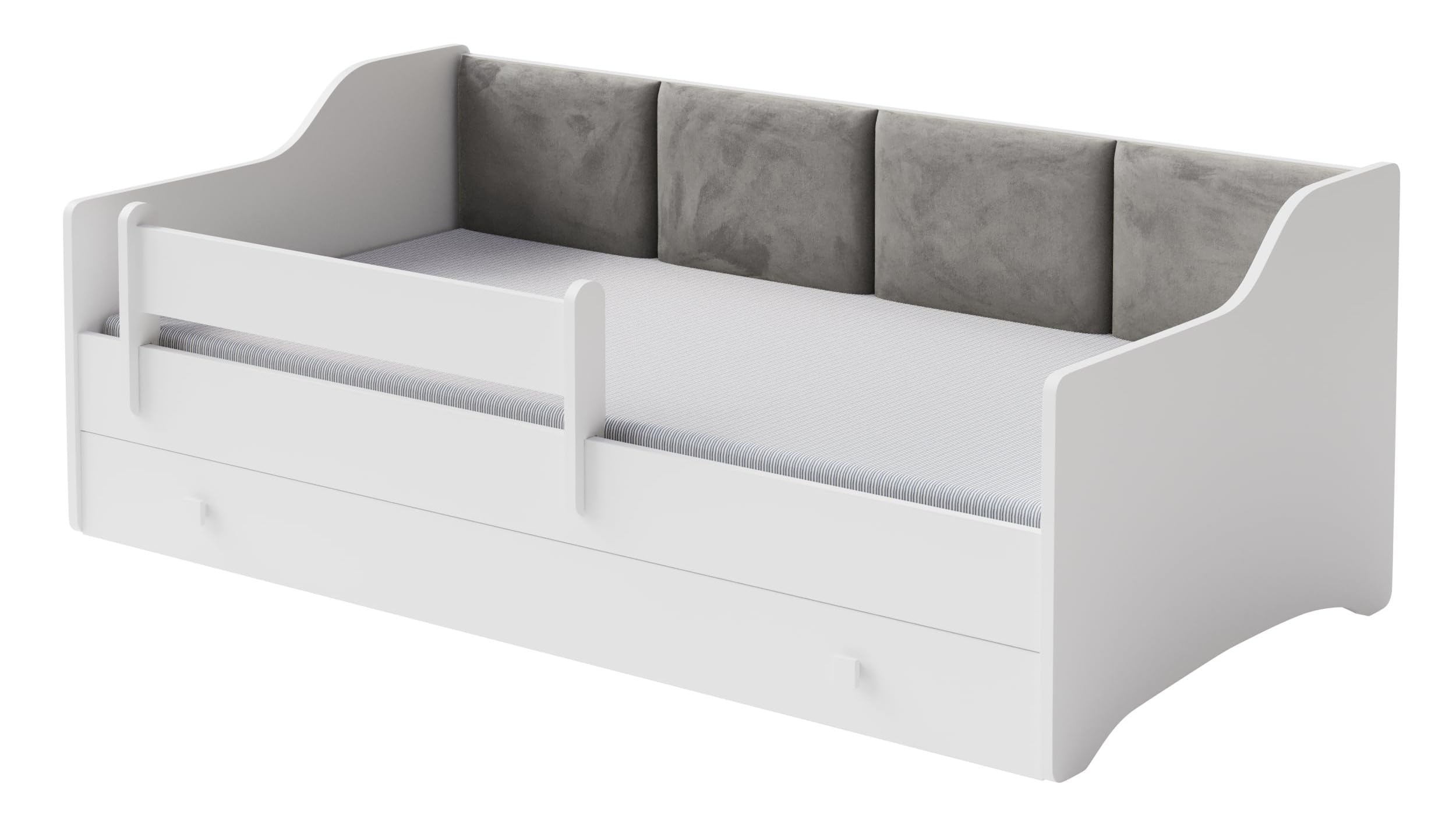 Kobi Lit Enfant Eryk Blanc | 160x80 | Panneaux rembourrés | Tiroir, Matelas, Garde-Corps | pour la Chambre des Enfants | pour Une Fille | pour Un garçon (Panneaux Gris)