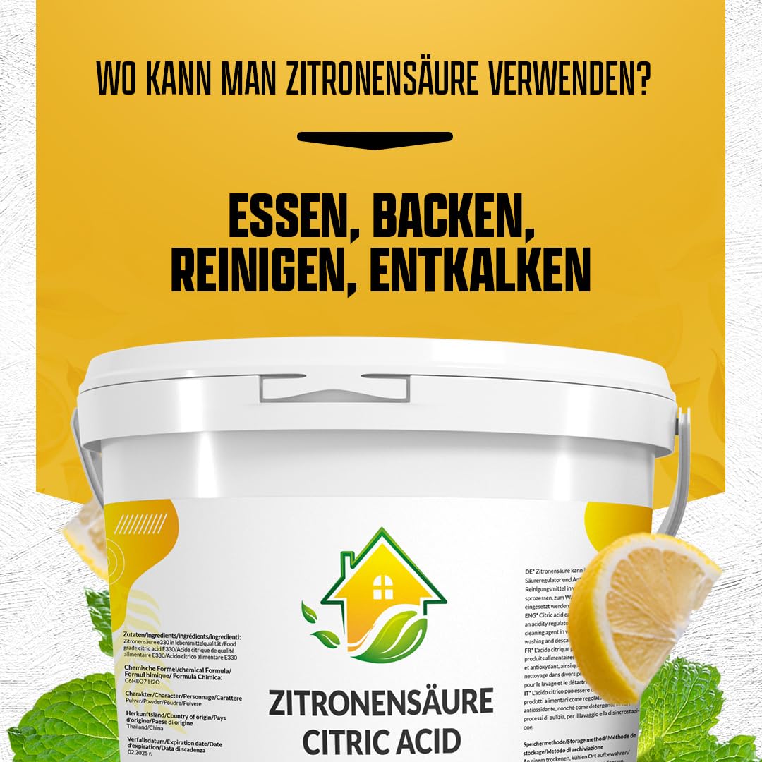 Zitronensäure Pulver 8 kg Lebensmittelqualität Entkalker Vorrat | Für Haushalt und zum Reinigen | Eimer mit Deckel und Tragegriff