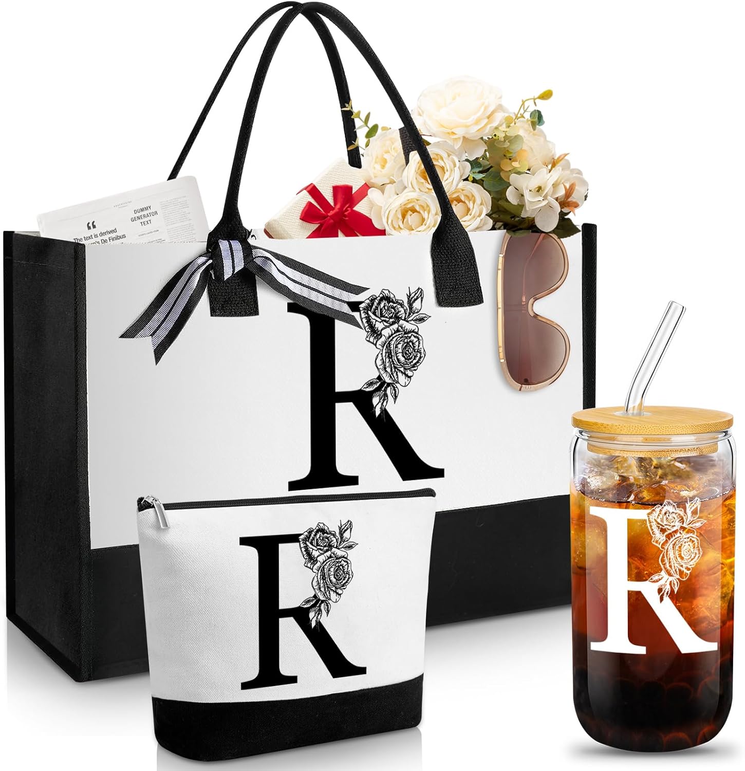 Aliceset Birthday Gifts for Women, Initial Canvas Tote Bag, 16oz Initial Glass Cup, Makeup Bag with Zipper Handbags & Wallets for Mom Sister Friends