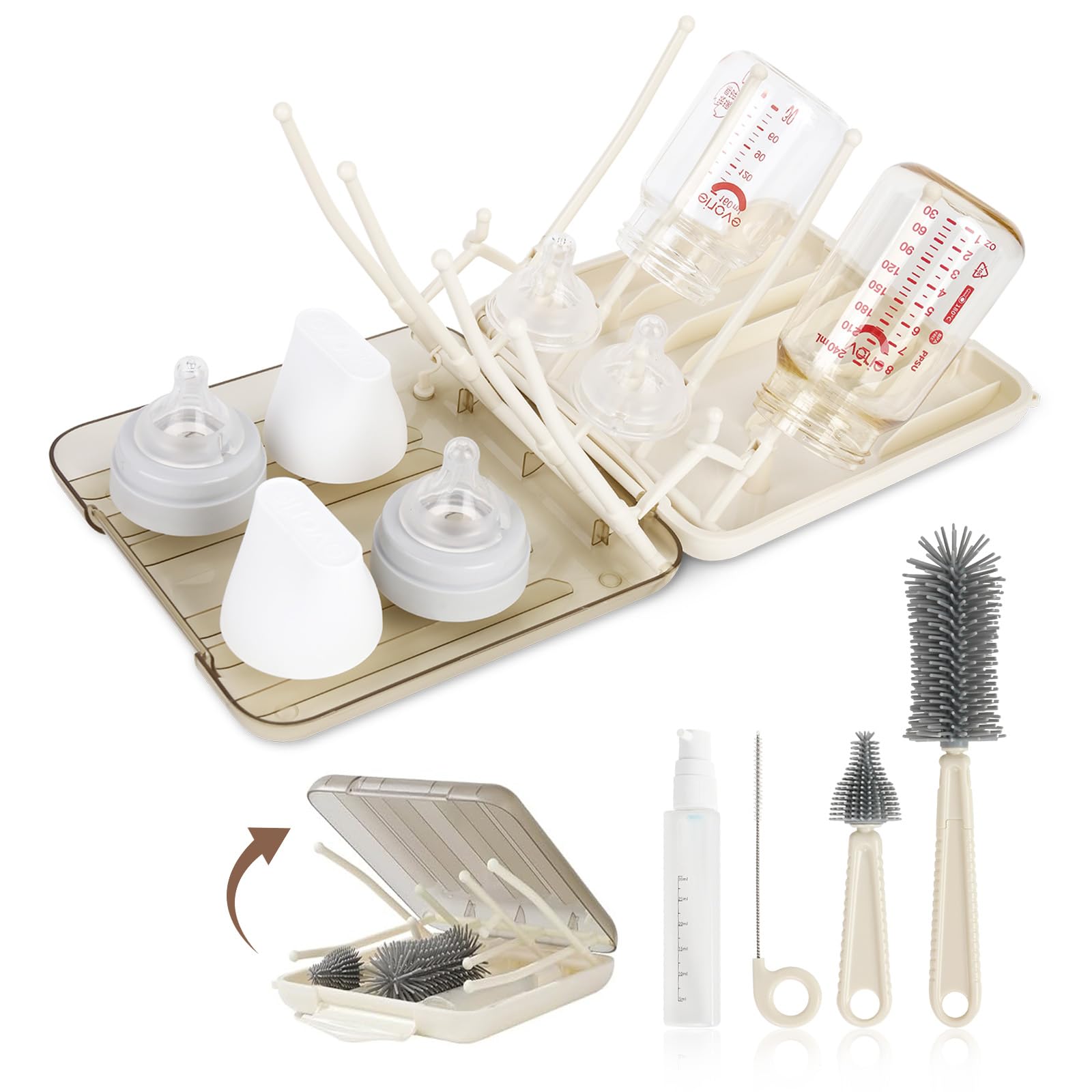 Reise Baby Flaschenbürsten-Set, 6 in 1 Tragbarer Babyflaschen Bürste Set mit Silikonbürste, Nippelbürste, Strohbürste, Seifenspender und Flaschenhalter, ideal für Zuhause & Unterwegs