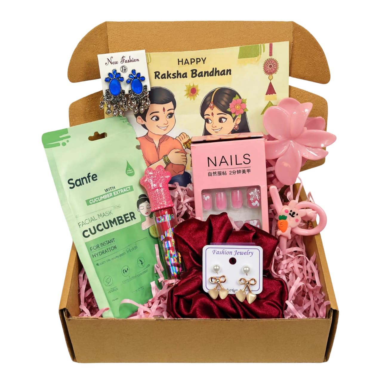 Premium Beauty Jewellery Gift Hamper for Women & Girls | Gift Box with Press-On Nails, Lip Gloss, Satin Scrunchie, Facial Sheet Mask, Designer Earrings, Hair Claw Clip & Fashion Accessories | Raksha Bandhan, Birthday, Anniversary & Festive Gift Set-image-47