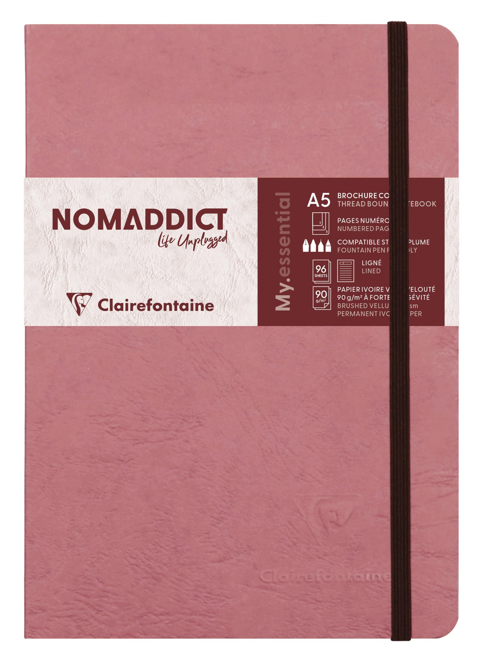 Clairefontaine 793466C Age Bag Collection Sewn Notebook My.Essential Antique Rose - A5 14.8x21 cm - 192 Lined Pages - 90 g Ivory Paper - Leather Card Cover