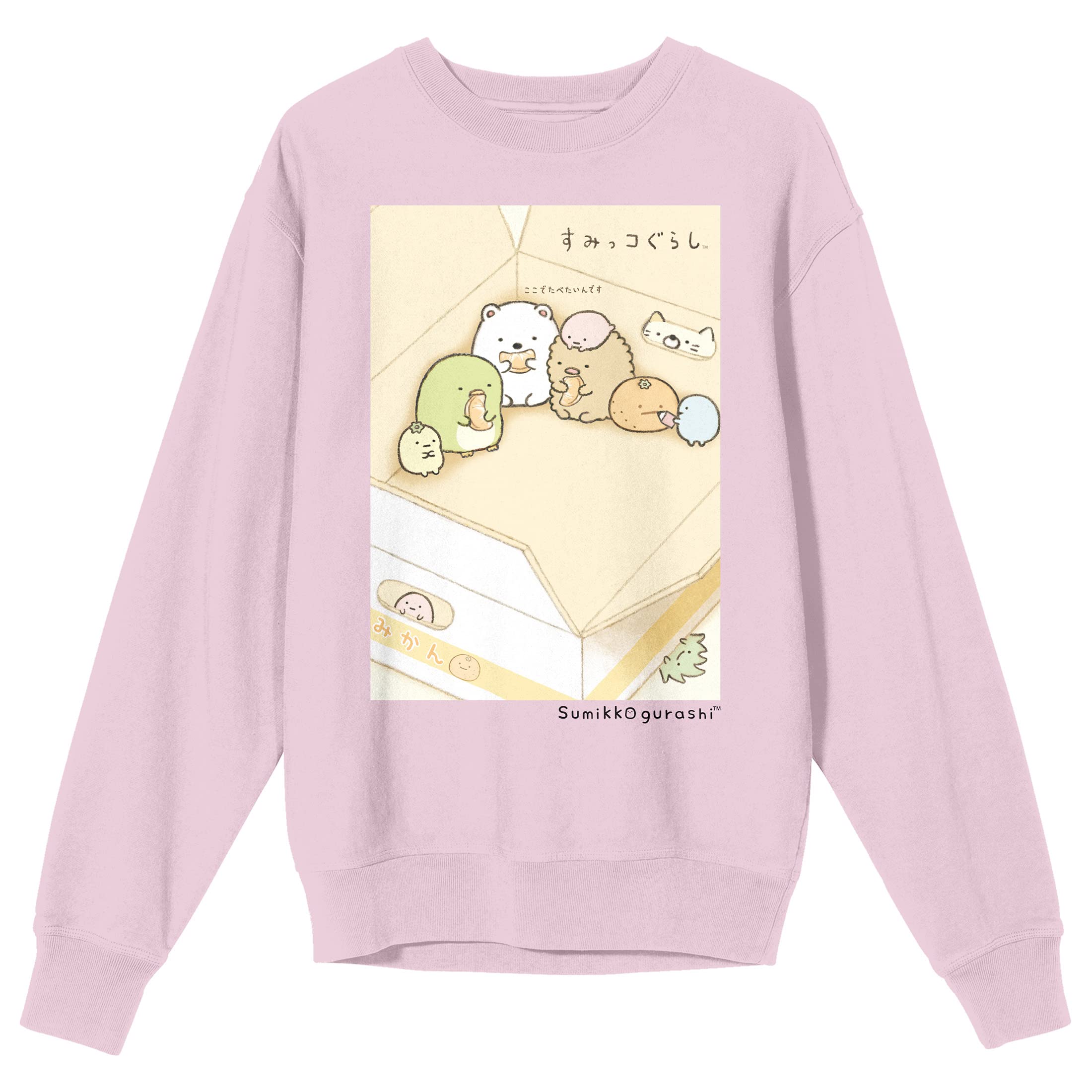 Bioworld Sumikko Gurashi Cute Corner Characters Crew Neck Long Sleeve Cradle Pink Adult Sweatshirt