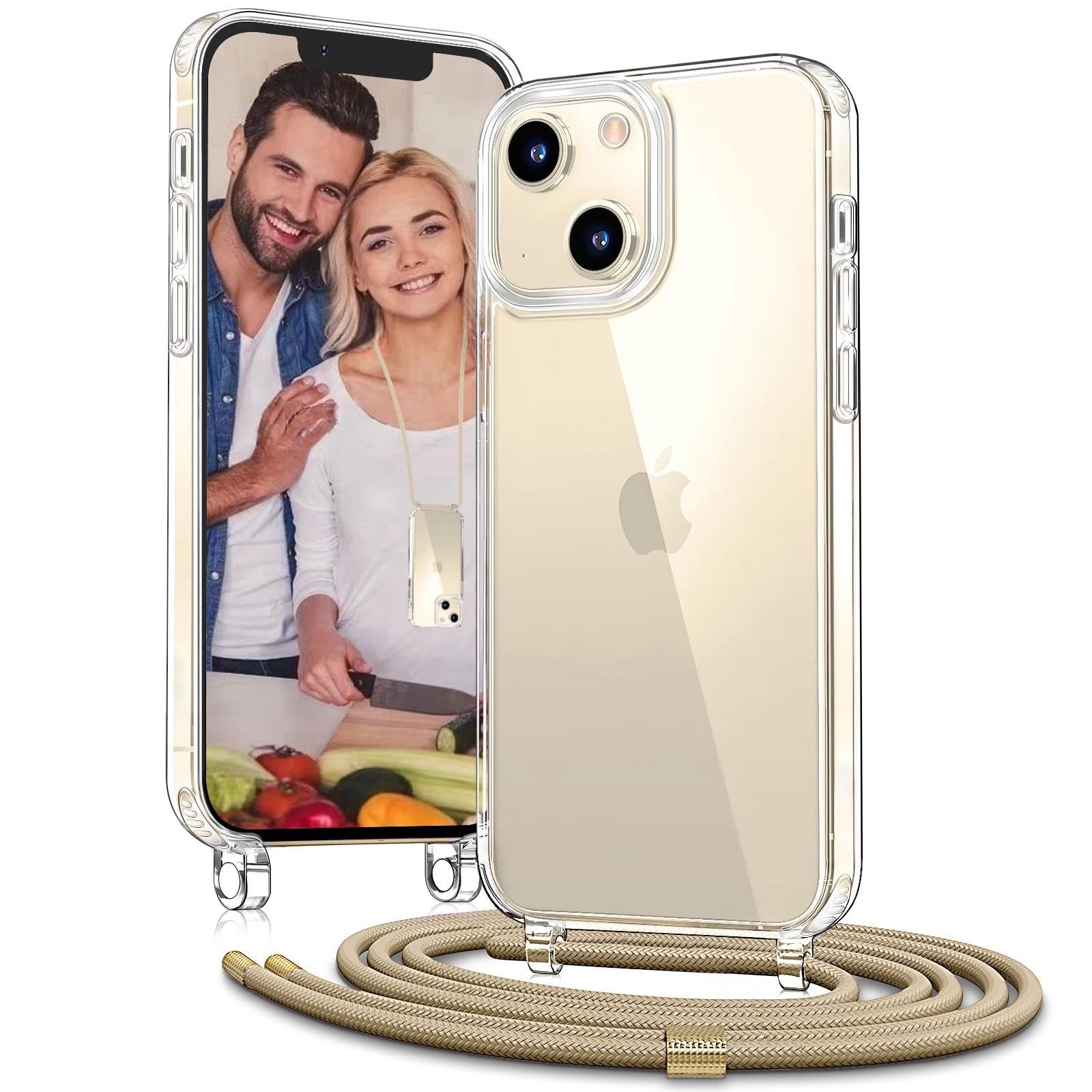 OLEPHY Cover Trasparente con Cordino per iPhone 15 Plus 6,7'', Custodia con Regolabile Collana, Protezione Completa [Antiurto] [AntiGraffio] Case con Laccio Tracolla, D'oro