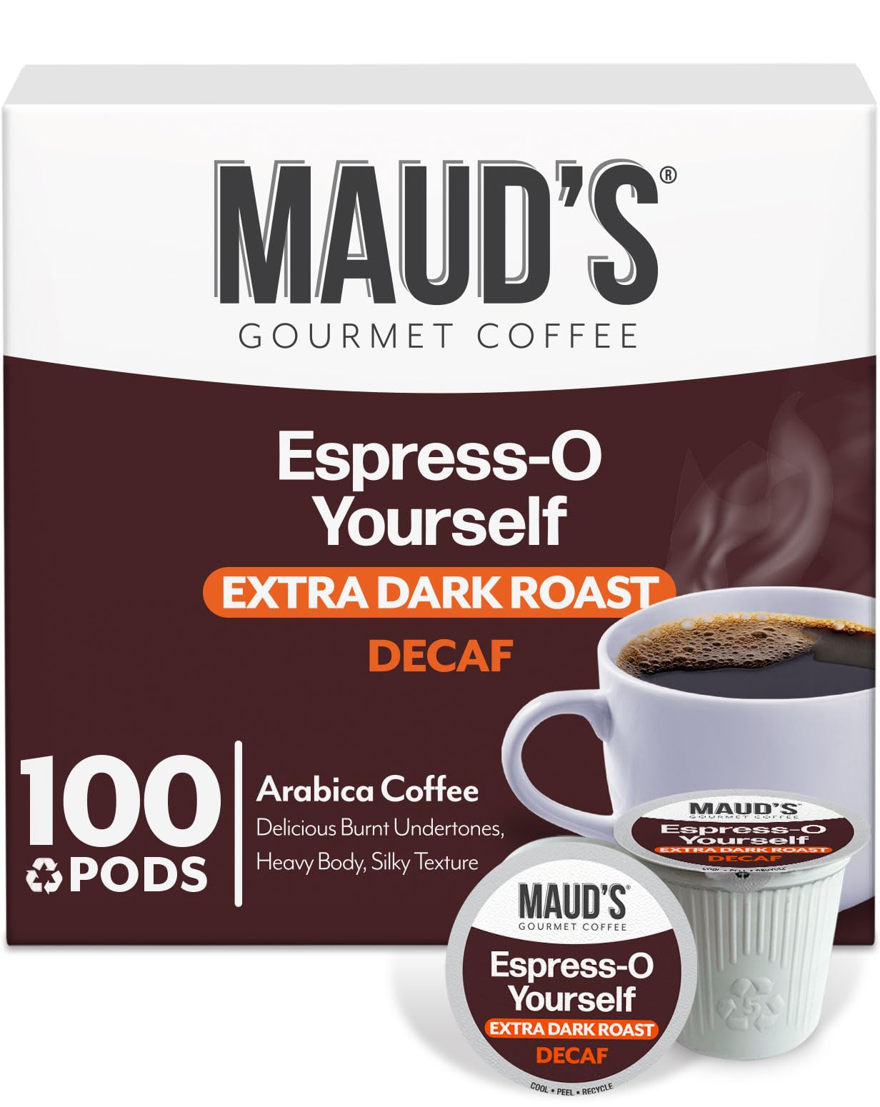 Maud's Decaf Espresso Roast Coffee Pods, 100 ct, Decaffeinated Dark Roast Coffee in Single Serve Pods – 100% Arabica Coffee, Compatible with Keurig K