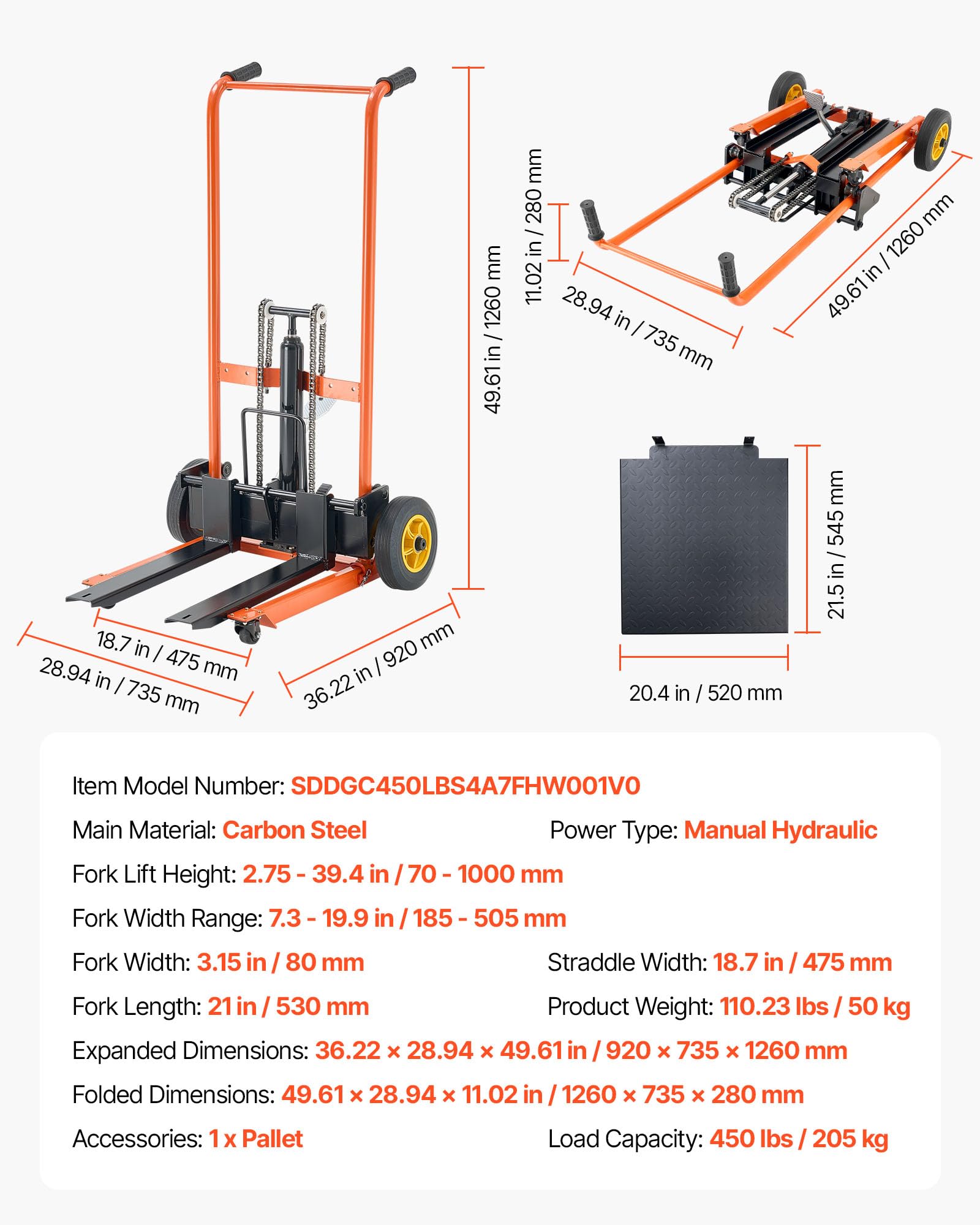 VEVOR Chariot Élévateur Hydraulique, Charge 205 kg, Gerbeur Hydraulique de Palettes, Hauteur de Levage 100 cm, Transpalette Empileur Palettes Fourches Réglables, pour Entrepôts, Usines, Supermarchés