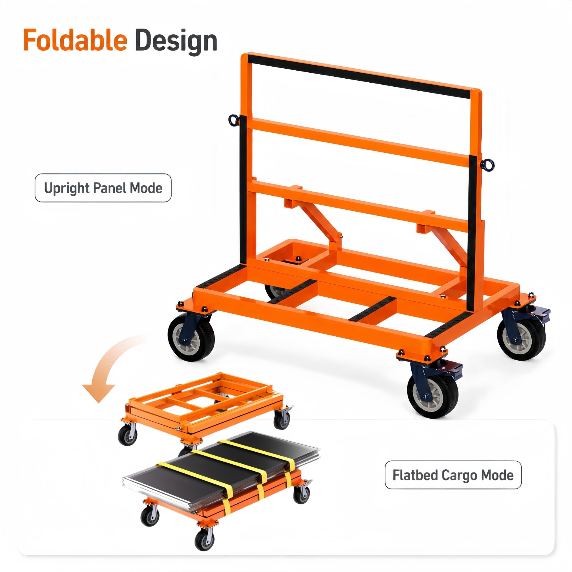 Plattenwagen mit Rollen for Glas, Steinplatten und Platten | Verstellbarer Rahmen und Gummiauflagen， Faltbare Form mit Rollen mit Bremse(6 inches,800kg/1760lb)