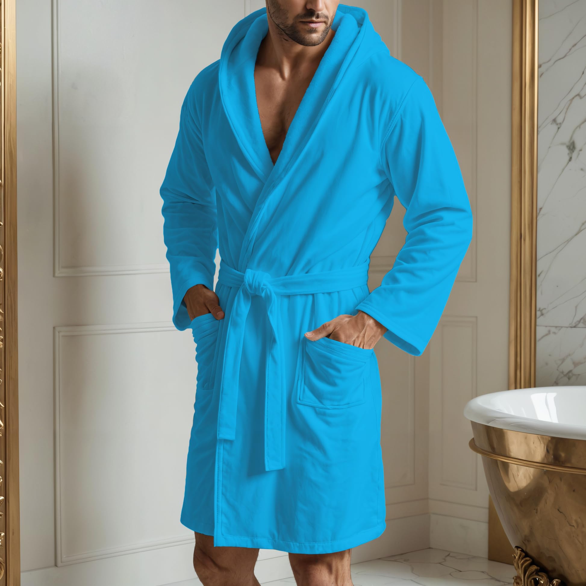 PETTI Artigiani Italiani Szlafrok z Mikrofibry Męski Damski z Kapturem, Kieszeniami, Paskiem, Unisex Szybkoschnący na Siłownię, Basen, Plażę, Spa, Błękitny, M
