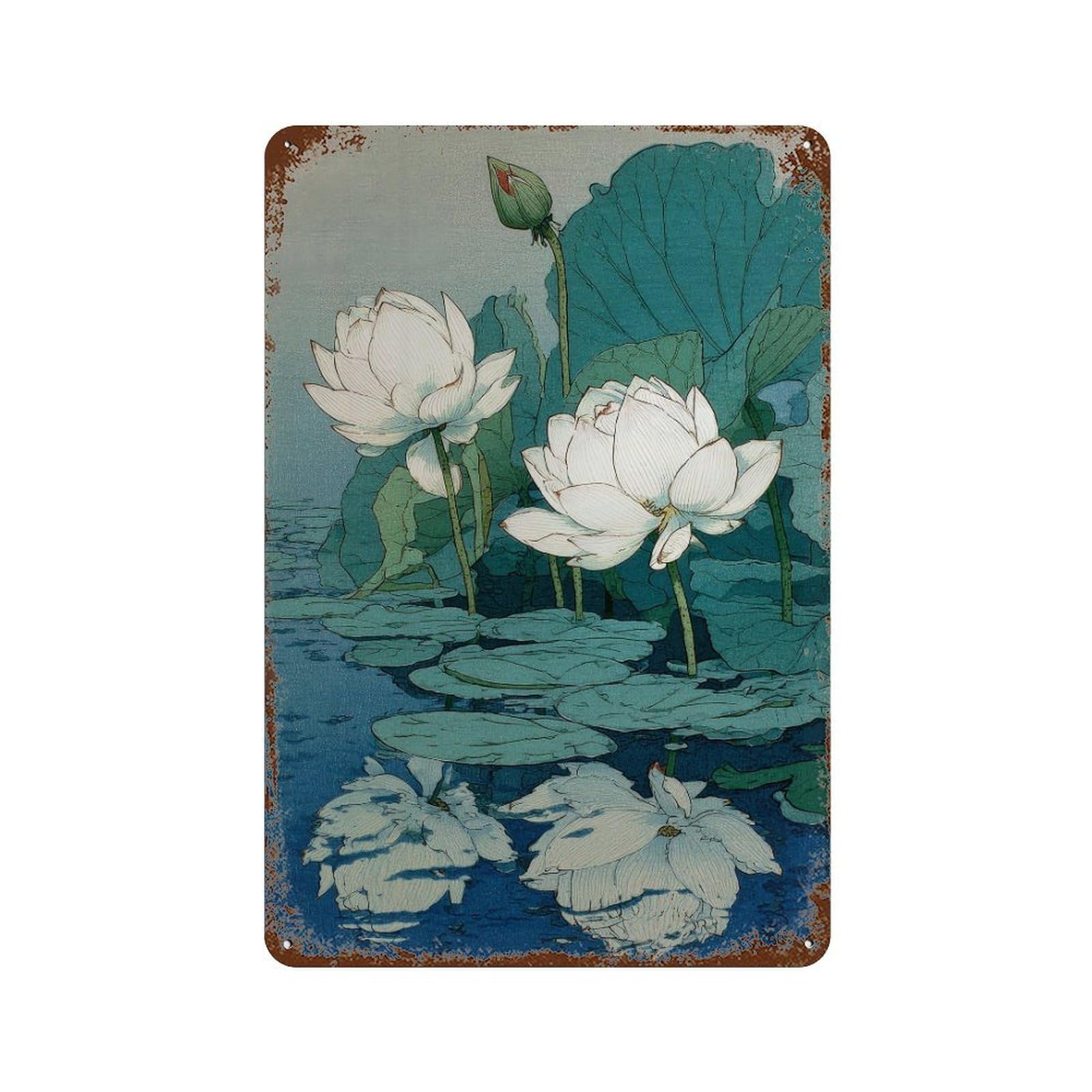 xiaoxiaoshen White Lotus Flowers. Japanese Ukiyo Wall Decor Art Metal Tin Poster Modern Home Decor Art Home Bar Shop Decorations Vintage Sign 30x20cm