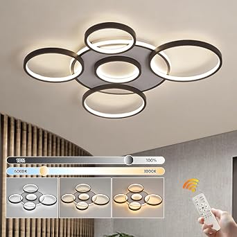 Modern LED Ceiling Light,  85cm Black Multi Circle Lamp, 86W Stepless Dimmable 3000-6000K, Round Metal + Acrylic Chandelier, Bedroom Living Children Office Study Kitchen Hallway 6 Ring [Energy Class A]