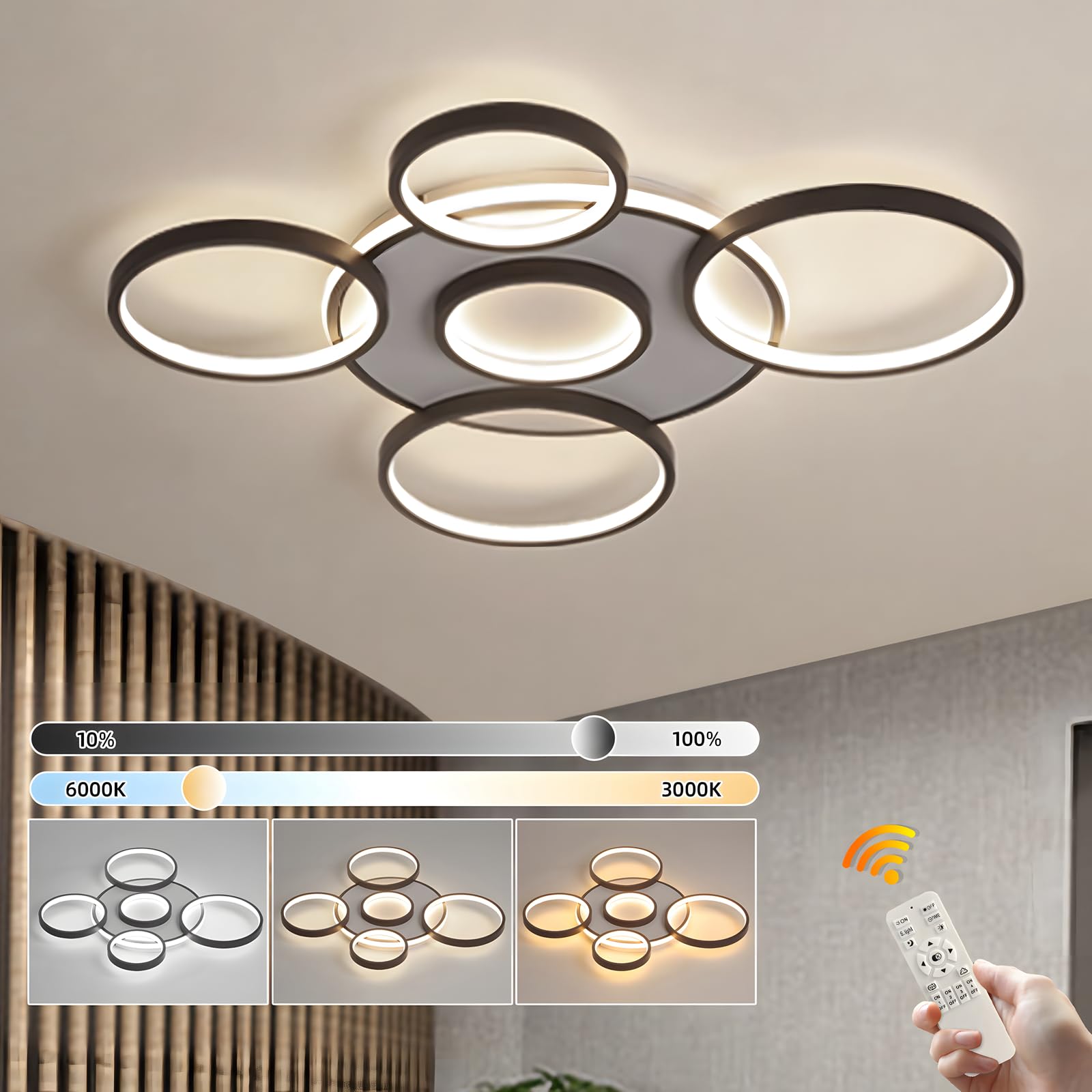 YYUTLUO Modern LED Ceiling Light, Ø85cm Black Multi Circle Lamp, 86W Stepless Dimmable 3000-6000K, Round Metal + Acrylic Chandelier, Bedroom Living Children Office Study Kitchen Hallway (6 Ring)